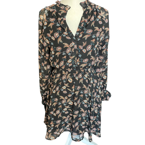 NWT Lucca Womens Long Sleeve Flare Shift Dress Floral Print Size XS-L Black - Picture 1 of 11